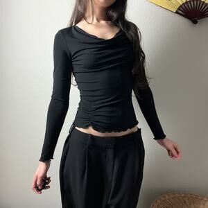 y2k 90s vintage black ruched fitted cowl neck minimalist long sleeve blouse top